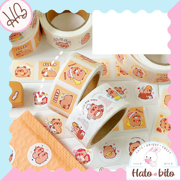 

1 roll isi 300 pcs sticker roll capybara cute lucu deco seal stiker bulat kotak stiker penutup paket HB1779