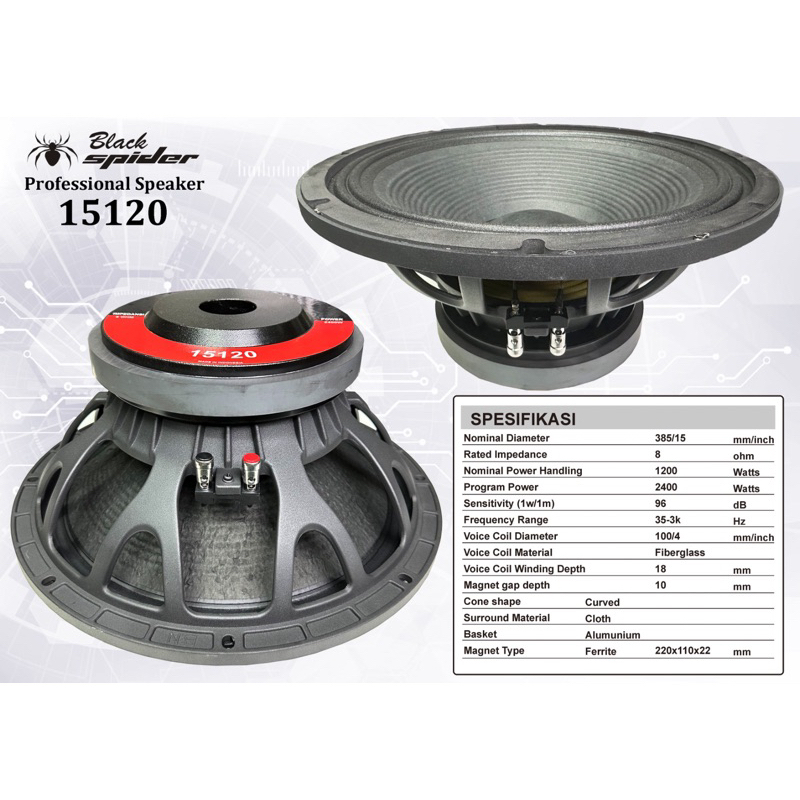 Black Spider Speaker Komponen Black Spider 15120 BlackSpider 15 Inch Speaker Mid Bass 15 inci Black 