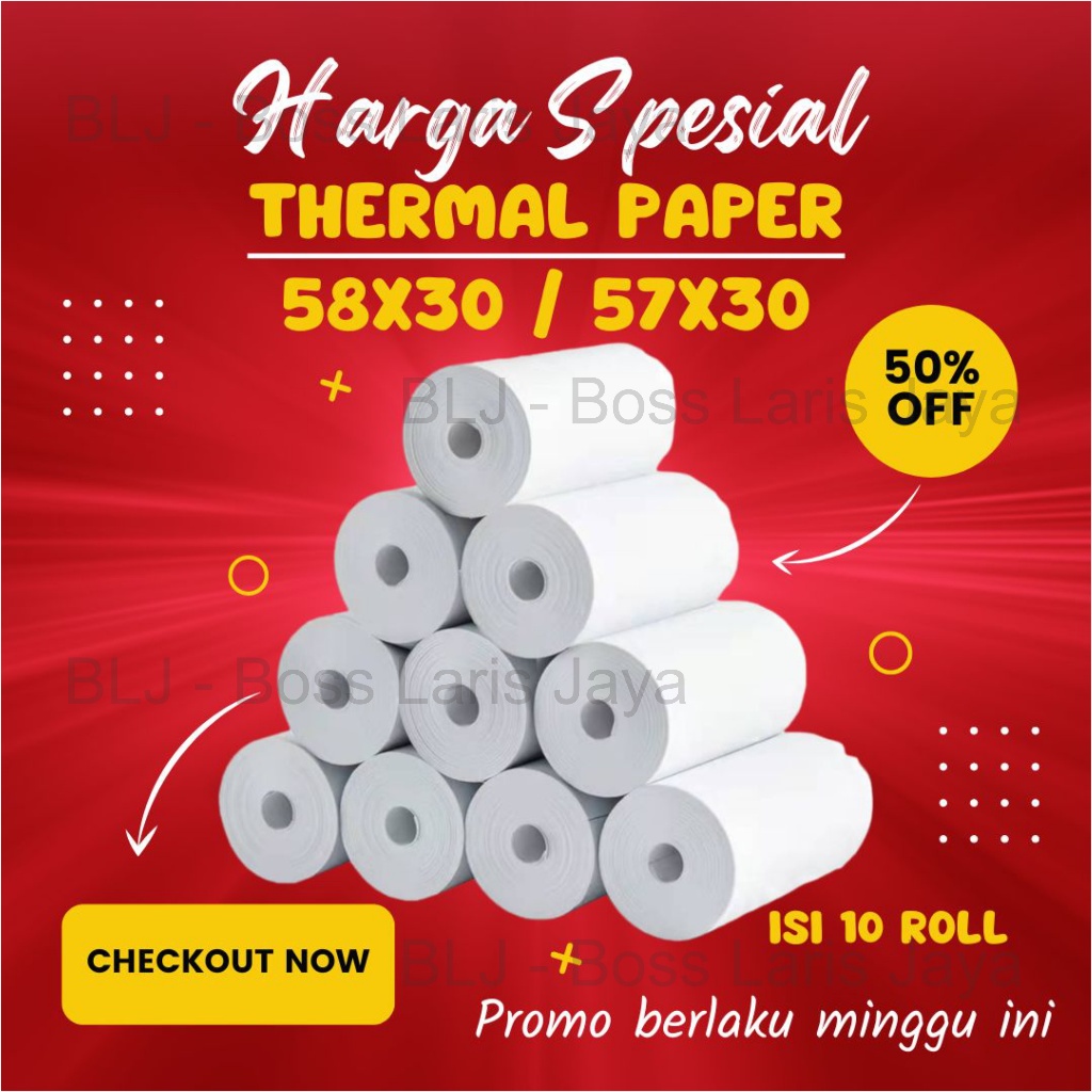 

10 ROLL KERTAS STRUK THERMAL PAPER ROLL 58MM 58x30 57x30 TERMAL EDC THERMAL PRINTER MINI BLUETOOTH 58MM CORELESS