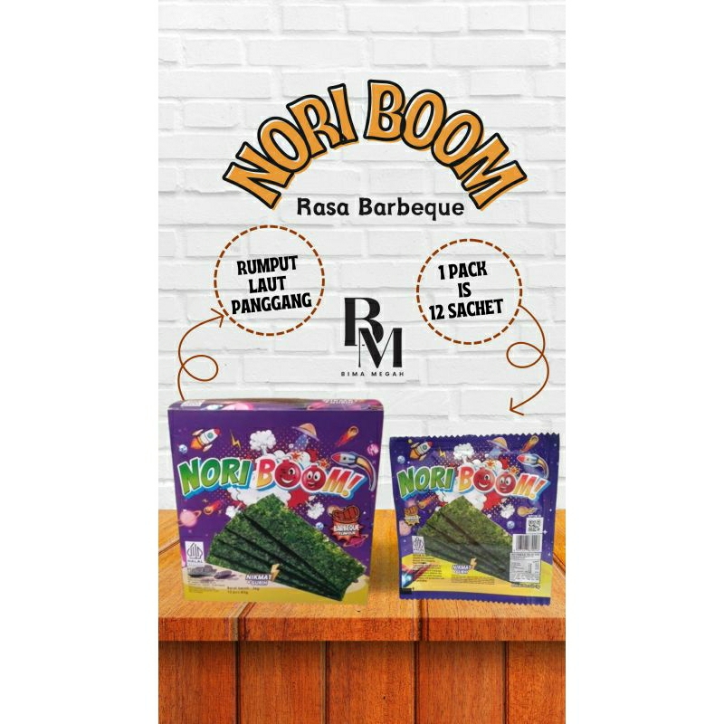 

Nori Boom Rumput Laut rasa Barbeque 1 box isi 12 sachet / Rumput Laut Nori Boom Bbq Seaweed 3 gram per sachet