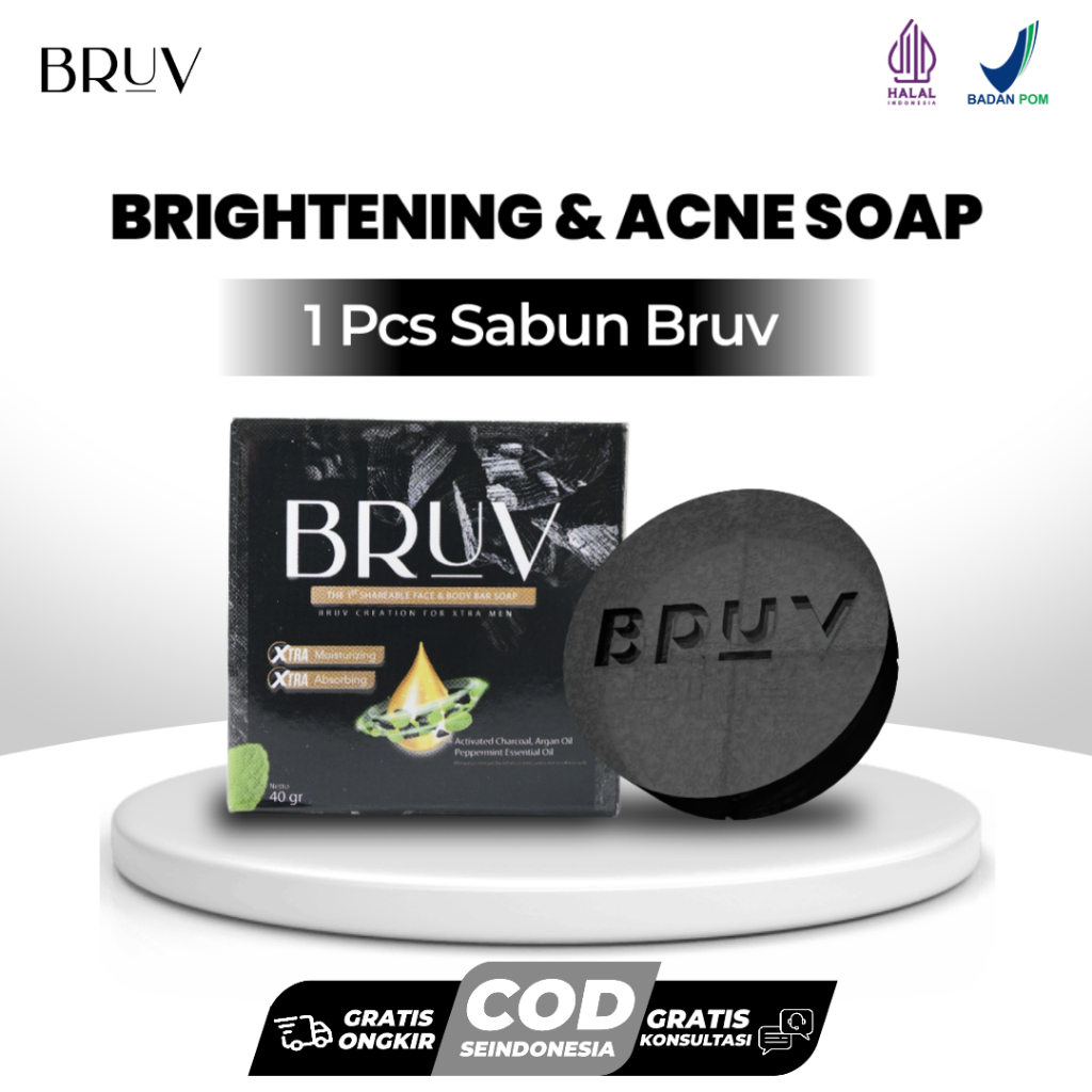 BRUV - Sabun Muka Pria untuk Mencerahkan dan Memutihkan Kulit, Hilangkan Jerawat, Komedo, Bruntusan