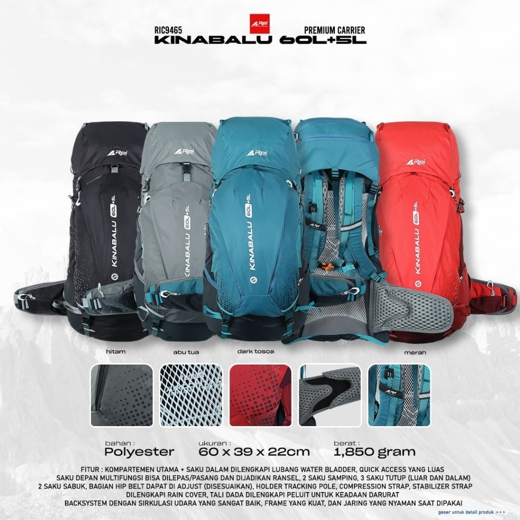 Tas Gunung / Carrier Arei Kinabalu 60+5 Liter Premium Arei Outdoorgear Original