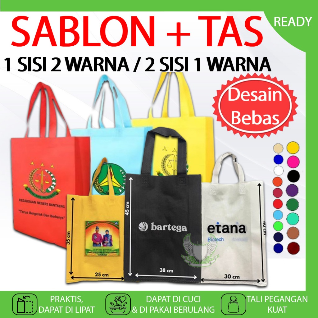 

CUSTOM SABLON PLUS TAS Goodie Bag 1 SISI 2 WARNA / 2 SISI 1 WARNA HANDLE Tas Belanja Lipat Kantong Spunbond Hampers Souvenir