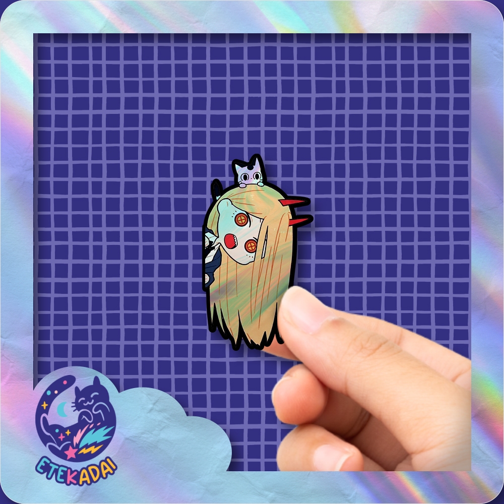 

Stiker Hologram Anime Chainsaw Man Power With Cat