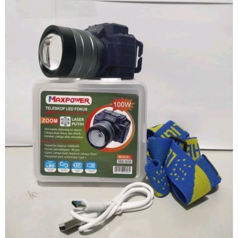 senter kepala cahaya putih maxpower fokus zoom 100w 100 watt