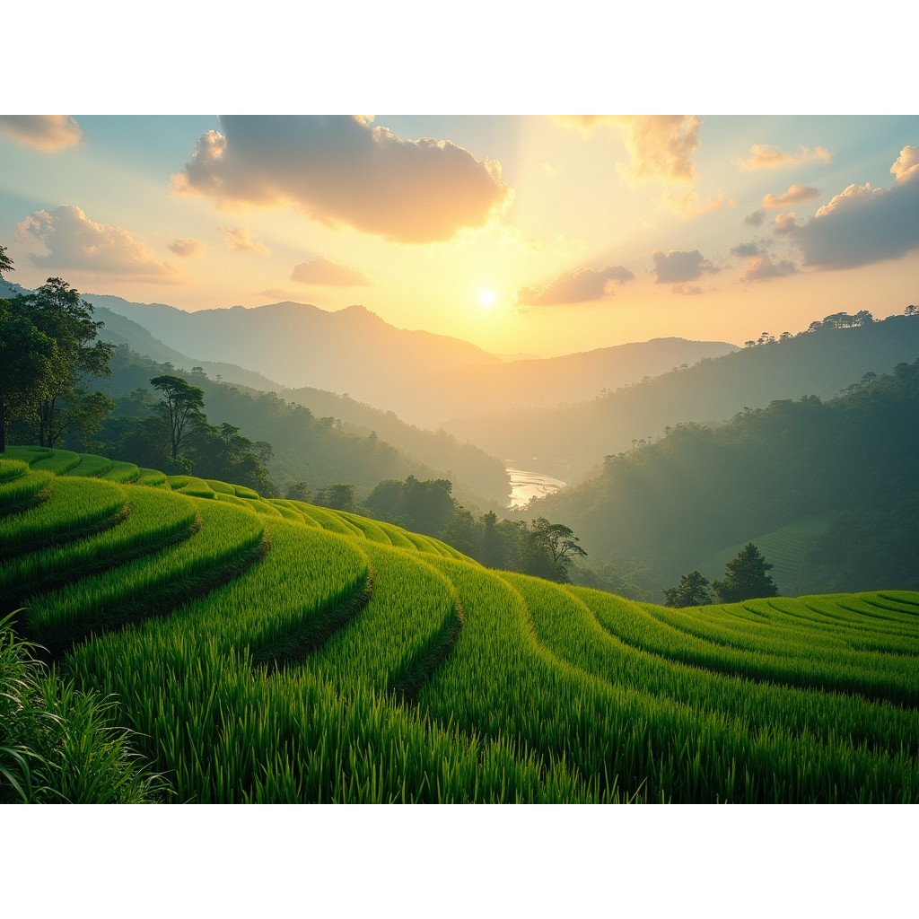 Foto Lukisan Pemandangan Terasering Hijau dengan Bingkai Emas Mewah