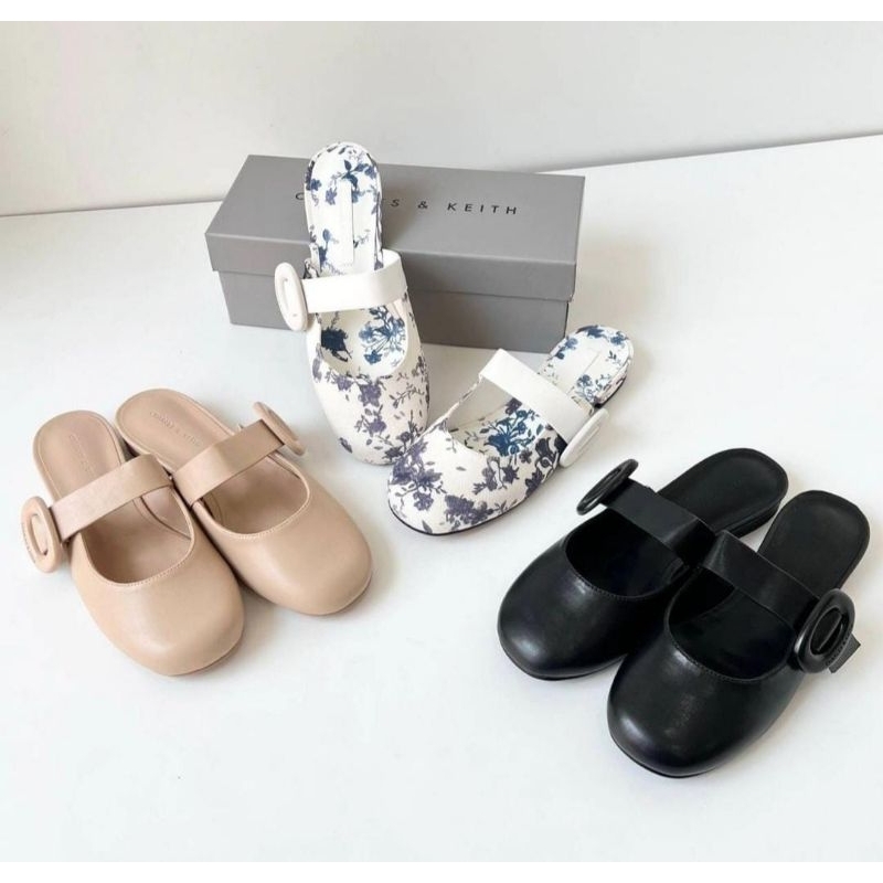 Sandal Charles&Keith/charles&keithbuckle flat mules Original/Sandal wanita