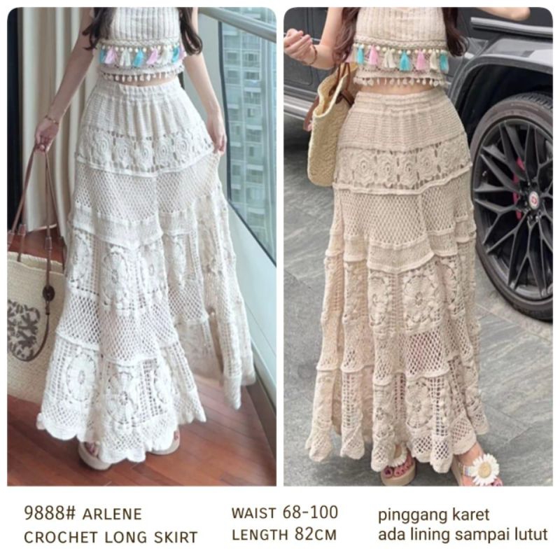 9888 Rok panjang ARLENE CROCHET LONG MAXI SKIRT putih cream bordir Korean style wanita premium impor