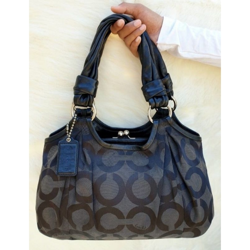 Tas Coach Shoulder Bag Wanita Kanvas Mix Kulit Asli Hitam