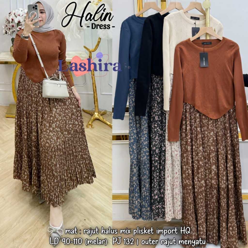 Halin dres maxy wanita ld 110 rajut import mix plisket motif polos bunga jumbo premium terbaru 2024