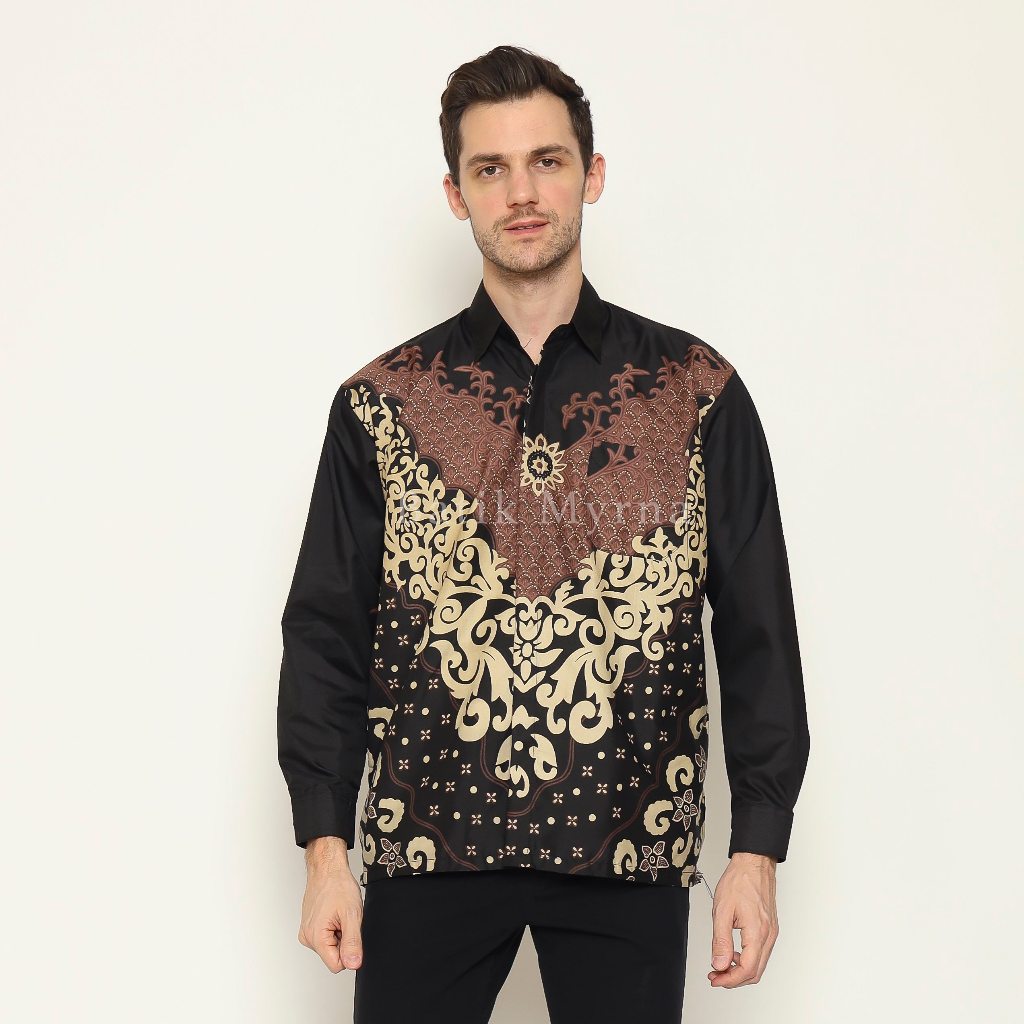 BATIK MYRNA - Kemeja Batik Lengan Panjang Pria Baju Atasan Poly Motif Surya Hitam