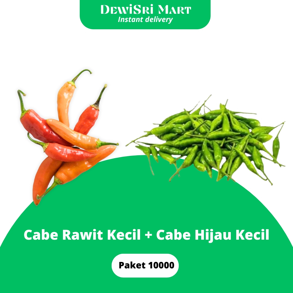 

Cabe Rawit Kecil + Cabe Hijau Kecil Paket 10000 - Dewi Sri Mart