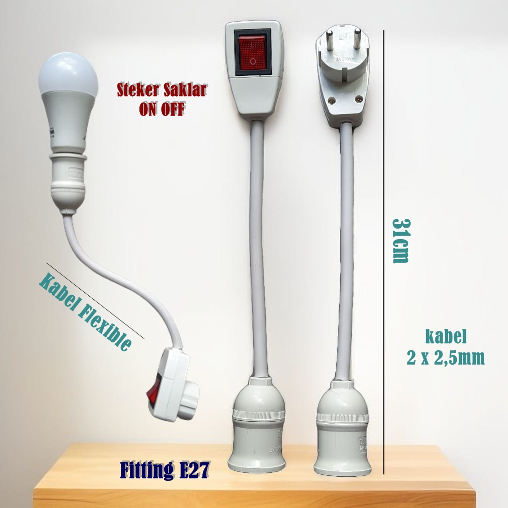 Fitting lampu flexible E27 Panjang Colokan Dinding Switch On Off