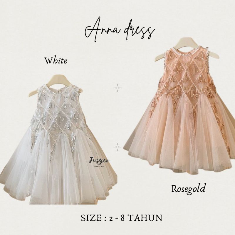 Anna Rose Gold White Party Dress/ Dress Pesta Payet-Payet Anak Perempuan