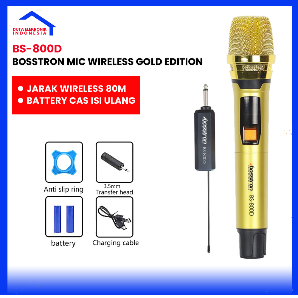 Bosstron Microphone Wireless BS-800D Single Gold Edition Mic Karaoke Mik Tanpa Kabel