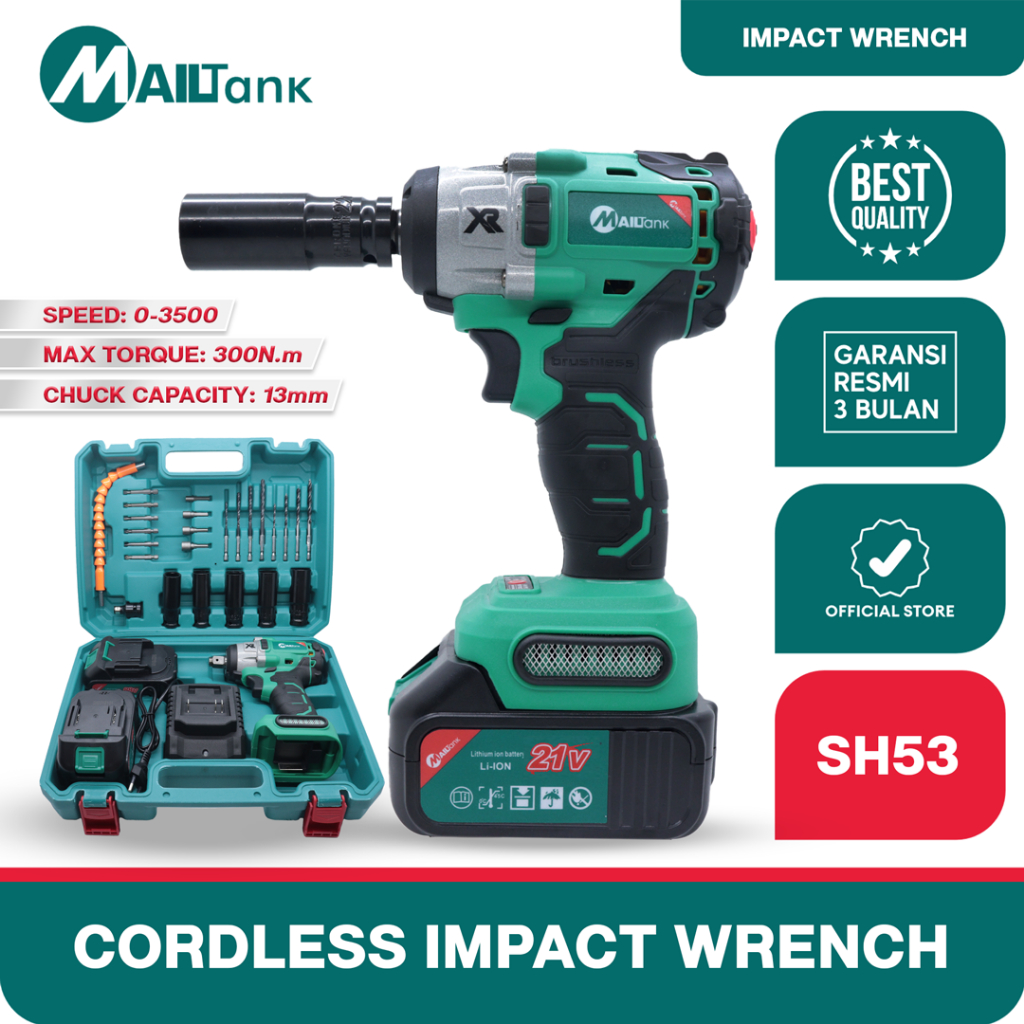 Mailtank SH53 Bor Baterai Impact 21V Impact Wrench 13mm Dapat 2 Baterai Untuk Buka Baut Motor Mobil 