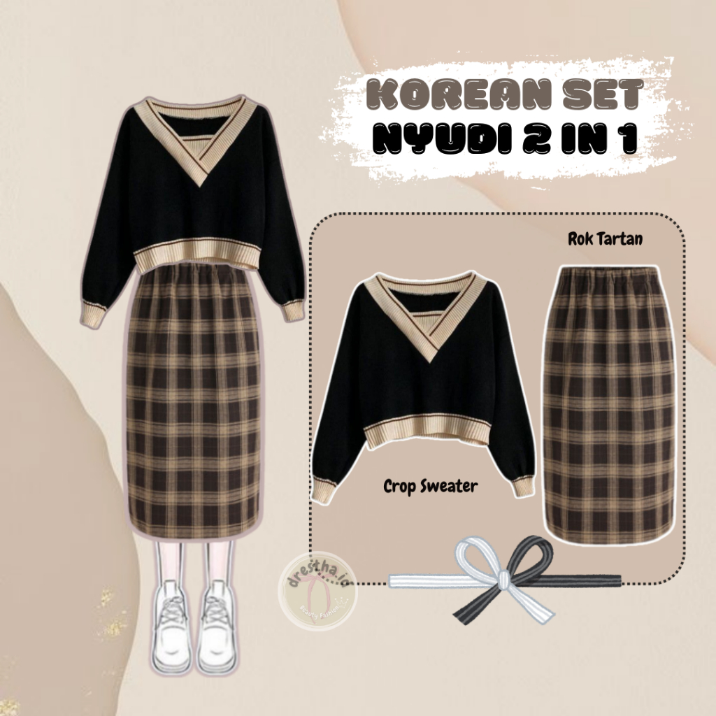 One Set Korean Style Wanita Setelan Sweater Crop Rajut Nude & Rok Tartan Ala Korea OOTD Viral DT31