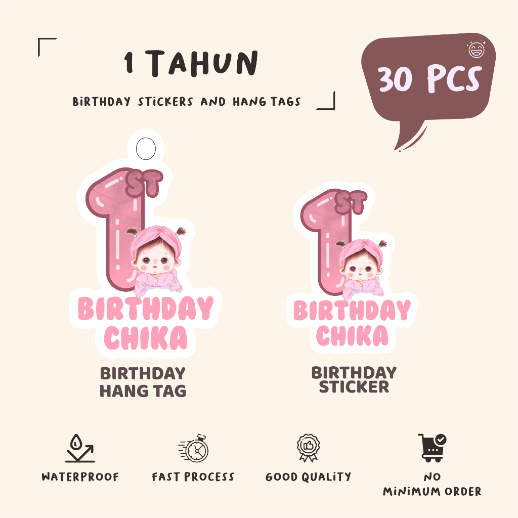 

(30pcs)diecut label hang tag 1 TAHUN //label tag/lucu cetak hang tag ulang tahun/label stiker diecut/murah/label ulang tahun/suvemir ultah/stiker diecut/hangtag diecut
