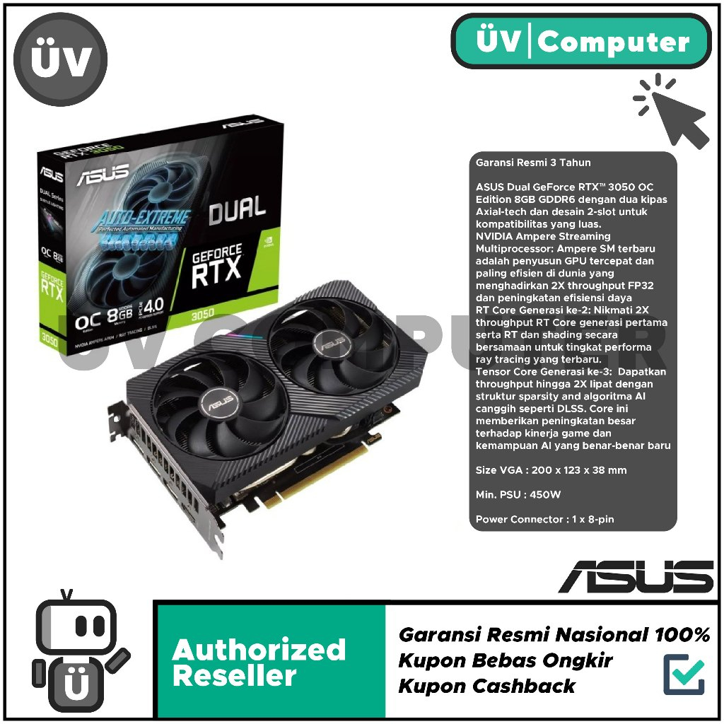 VGA Card Nvidia Geforce ASUS RTX 3050 Dual Gaming OC 8GB GDDR6 RTX3050