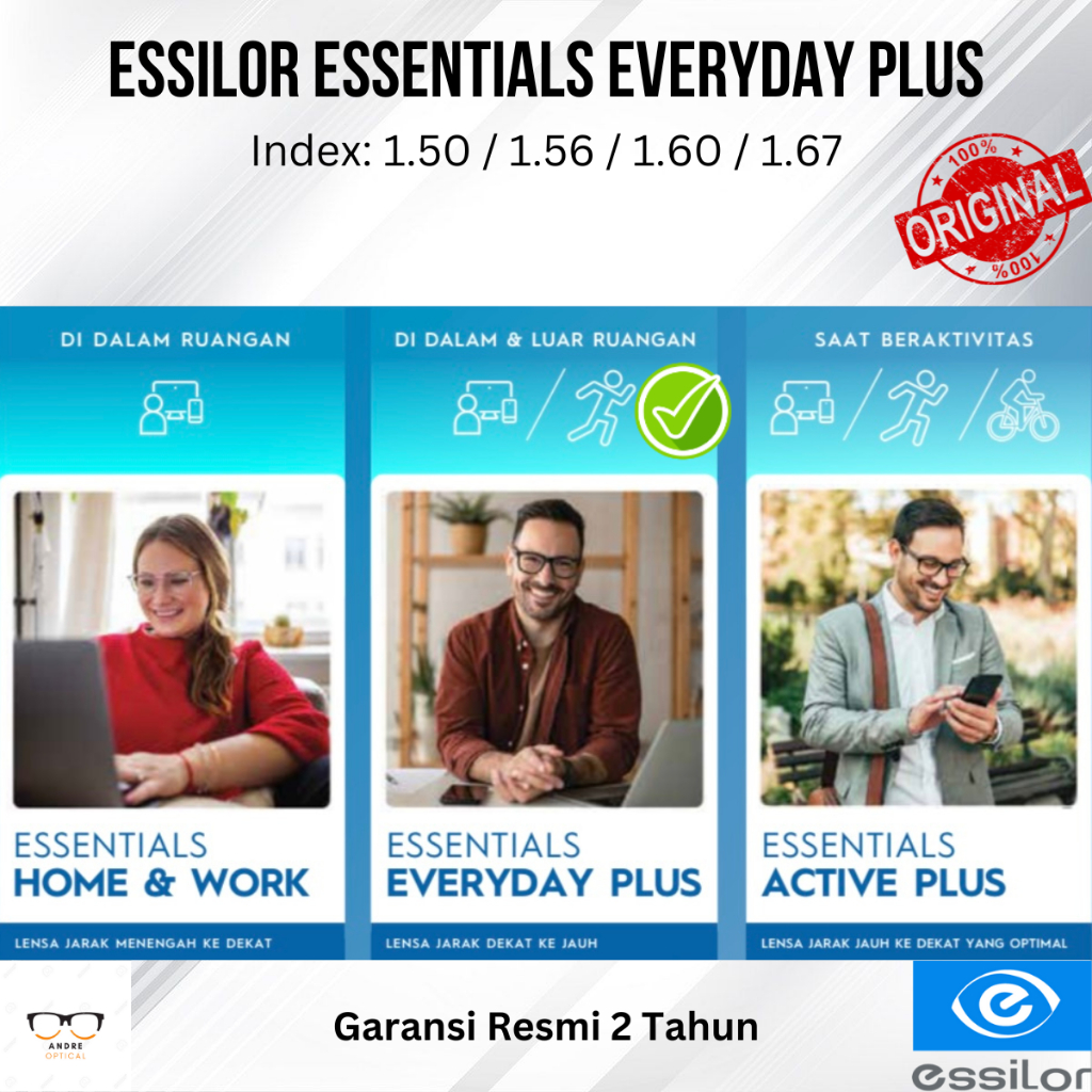 Lensa Kacamata Progresif Bluechromic Essilor Essentials Everyday 1.60 Light Adapt Grey UV420