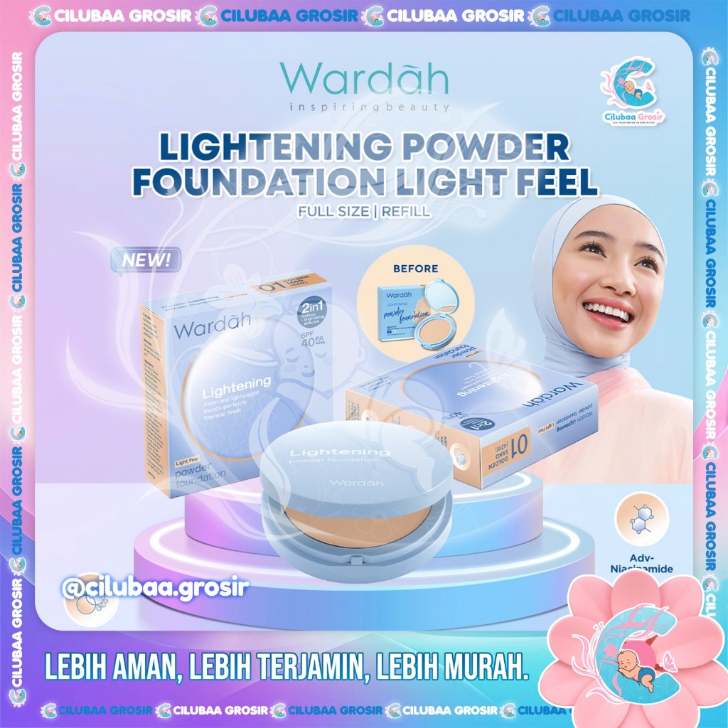 Wardah Lightening Powder Foundation Two Way Cake Light Feel TWC FULL SIZE & REFILL