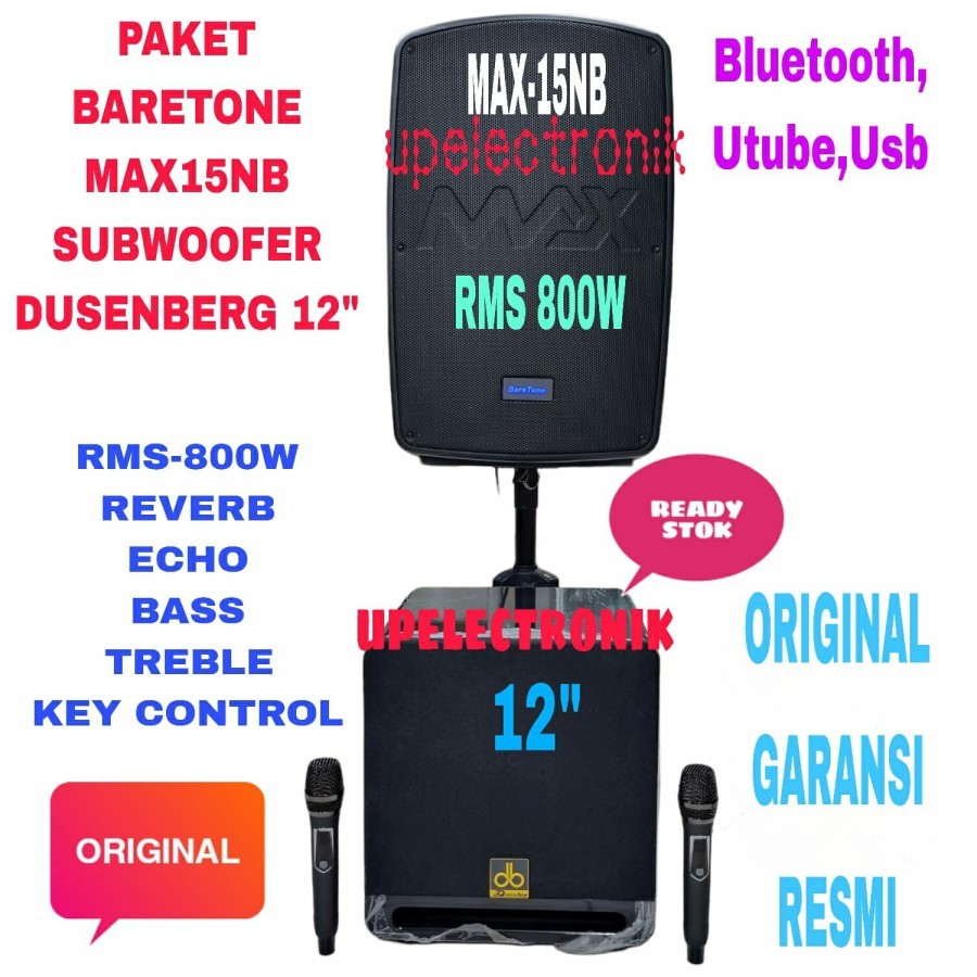 Paket Sound System Speaker Portable 15 Inch Baretone MAX15NB+Subwoofer Aktif Dusenberg 12 Inch Fosta