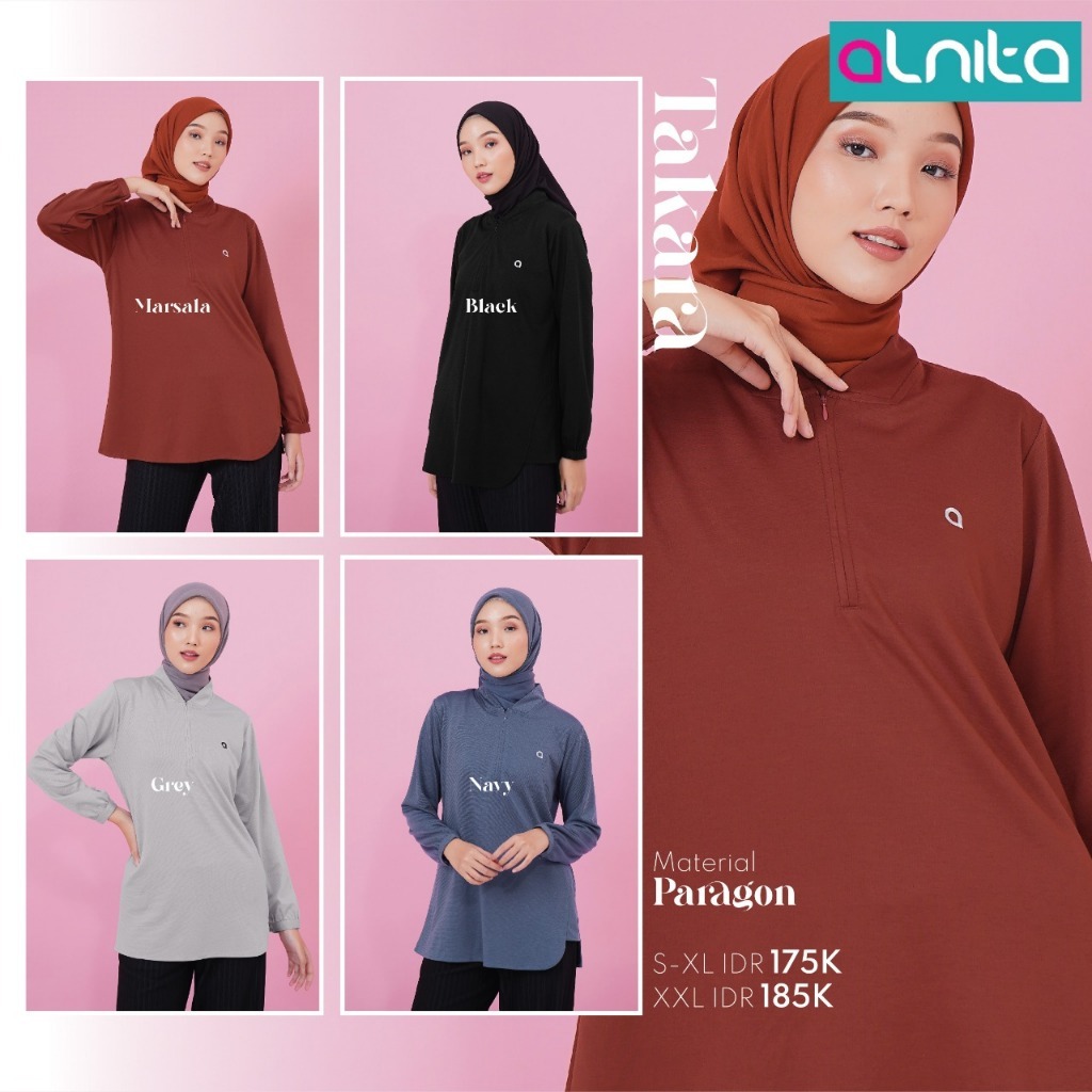 Alnita Takara Atasan Kaos Wanita Paragon Resleting Depan Black Marsala Navy Grey OOTD Remaja Terbaru