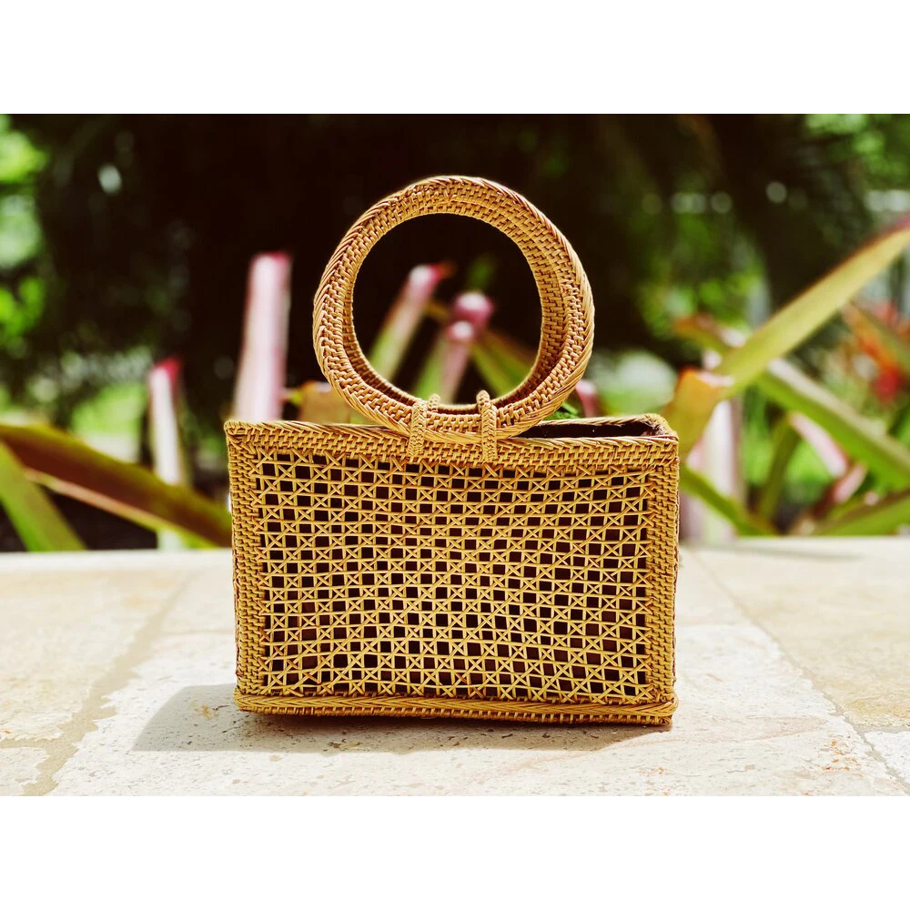 Gasak Tas anyaman rotan kerawang handle O Ate Rattan RECTANGLE tote Handbags Women Handwoven wrist S