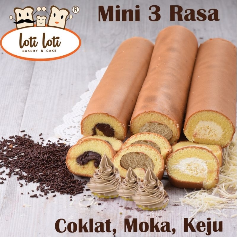 

Full Size 30cm, Bolu Gulung Mini 3 Rasa, Bolu Vanilla isi Mocca, Keju, Coklat.