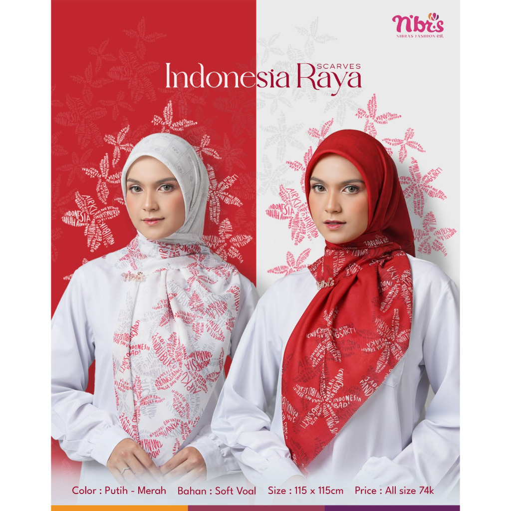 NIBRAS HIJAB MERAH PUTIH INDONESIA RAYA SCARVES,INDONESIA RAYA SCARVES,HIJAB SEGI EMPAT,HIJAB SEGI E
