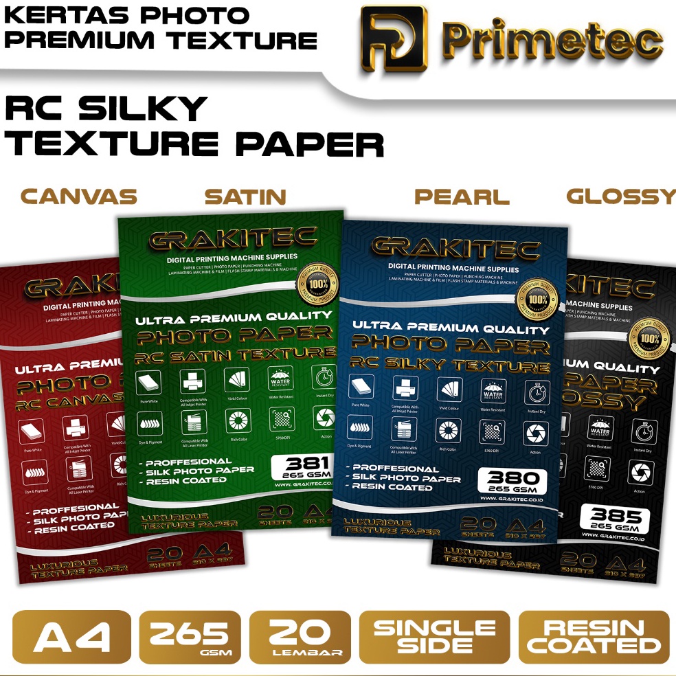 

Ready Kertas Foto Silky Texture A4 Professional Silky Glossy Photo Paper 265 A4 Motif Pearl Canvas Satin Luster Resin Coated Primetec E71