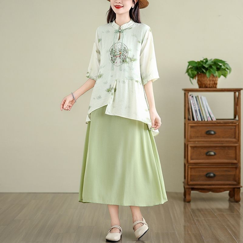 New Cheongsam Embroidered Fashion Faux Two-Piece Set