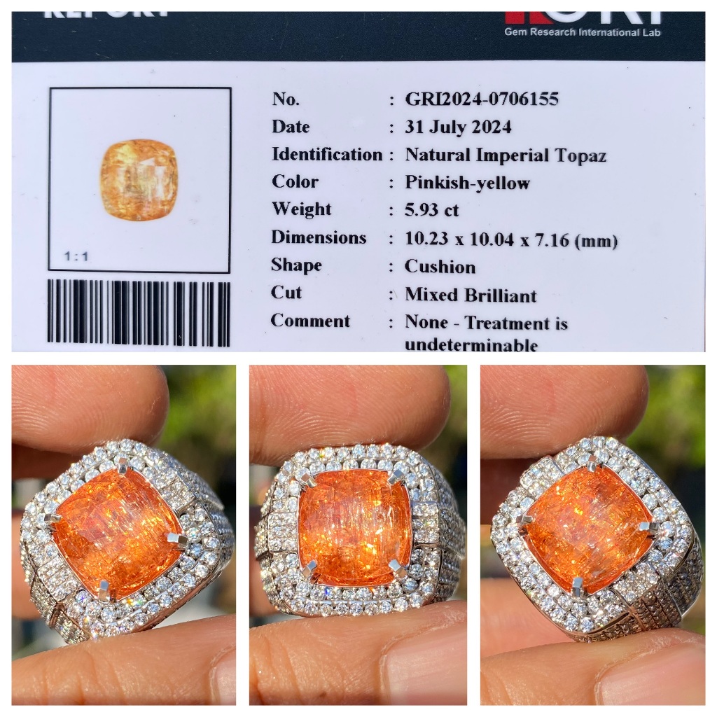 Natural 5.93ct imperial topaz hq memo gri microsetting