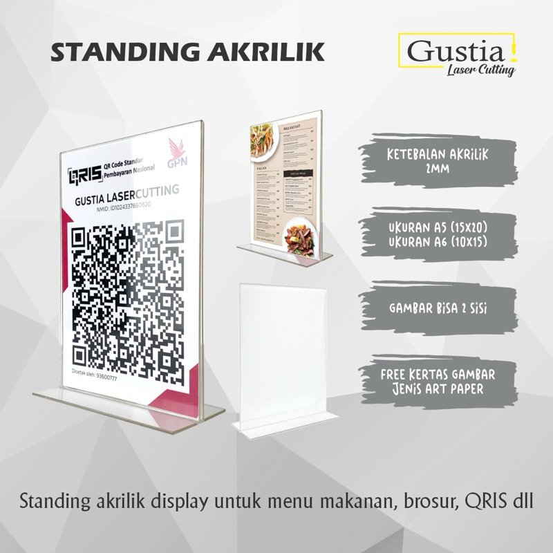 Standing Display Akrilik Qris | Papan Akrilik Menu Makanan | Akrilik Meja