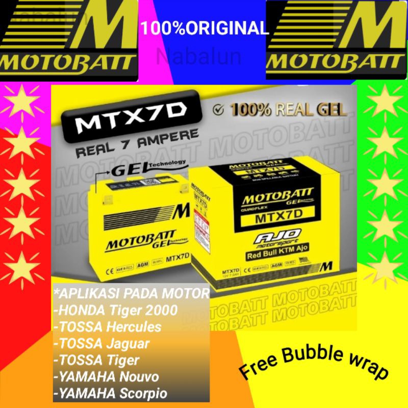 AKI KERING MOTOBATT GEL MTX7D 12V7AH MOTOR HONDA TIGER 2000 , SCORPIO, NOUVO