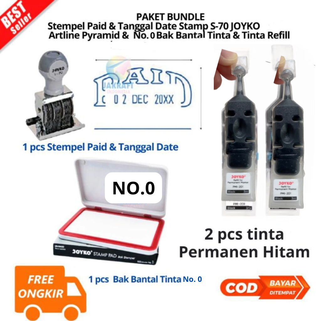 

[JIB] BAYAR DI TEMPAT "PAKET Stempel Paid & Tanggal Date Stamp S-70 JOYKO Artline Pyramid & Stamp Pad Besar JOYKO No.0 Bak Bantal Tinta Ink Stempel Big - No.1 /PCS & Tinta Refill Bak Stempel (Biru/Merah) 3ml JOYKO SPI-12 Stamp Pad Ink