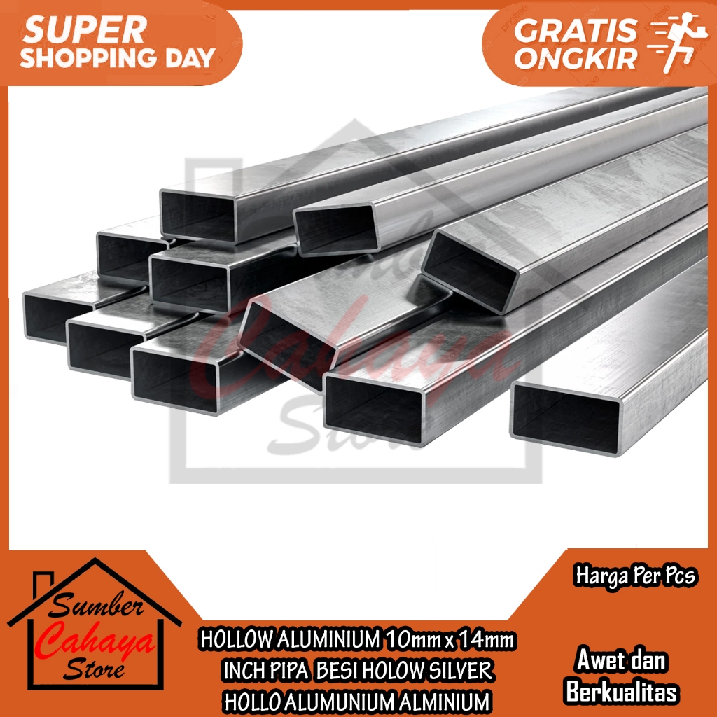 HOLLO ALUMUNIUM 10MM X 14MM SILVER PIPA ALUMINIUM HOLLOW PERSEGI KOTAK HOLOW BESI ALMUNIUM ALMINIUM 