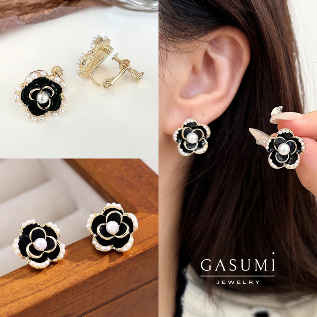 DONITA - Anting Tanpa Tindik Jepit Sekrup Bunga Mutiara Elegan Wanita Flower Emas Earclip Character 