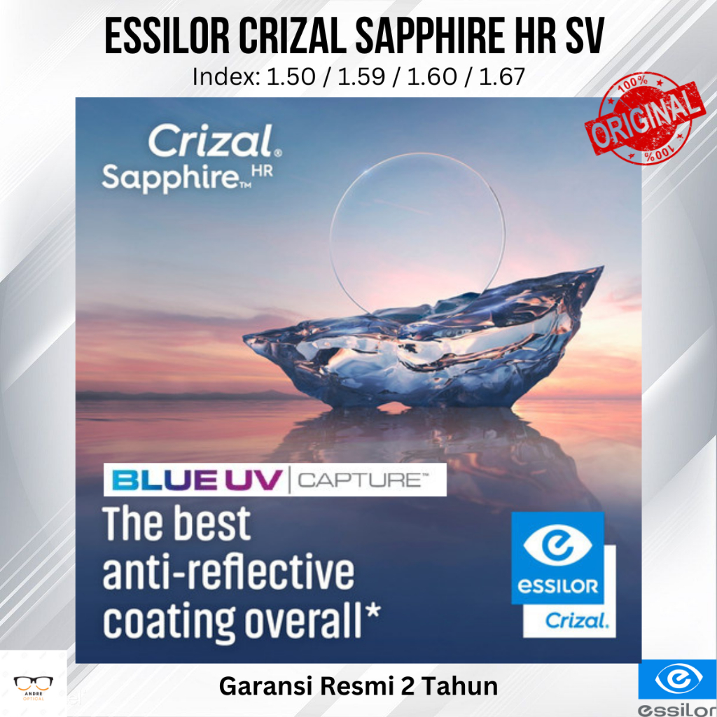 Lensa Kacamata Essilor Crizal Sapphire HR Blue UV Capture SV ( Anti Gores & Pantulan )