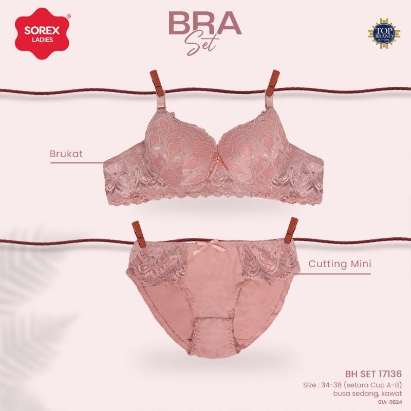 Sorex Bra Set (BH+CD) brukat 17136 cup 3/4 setara B,  busa tebal , kawat kait 3 (34-38)