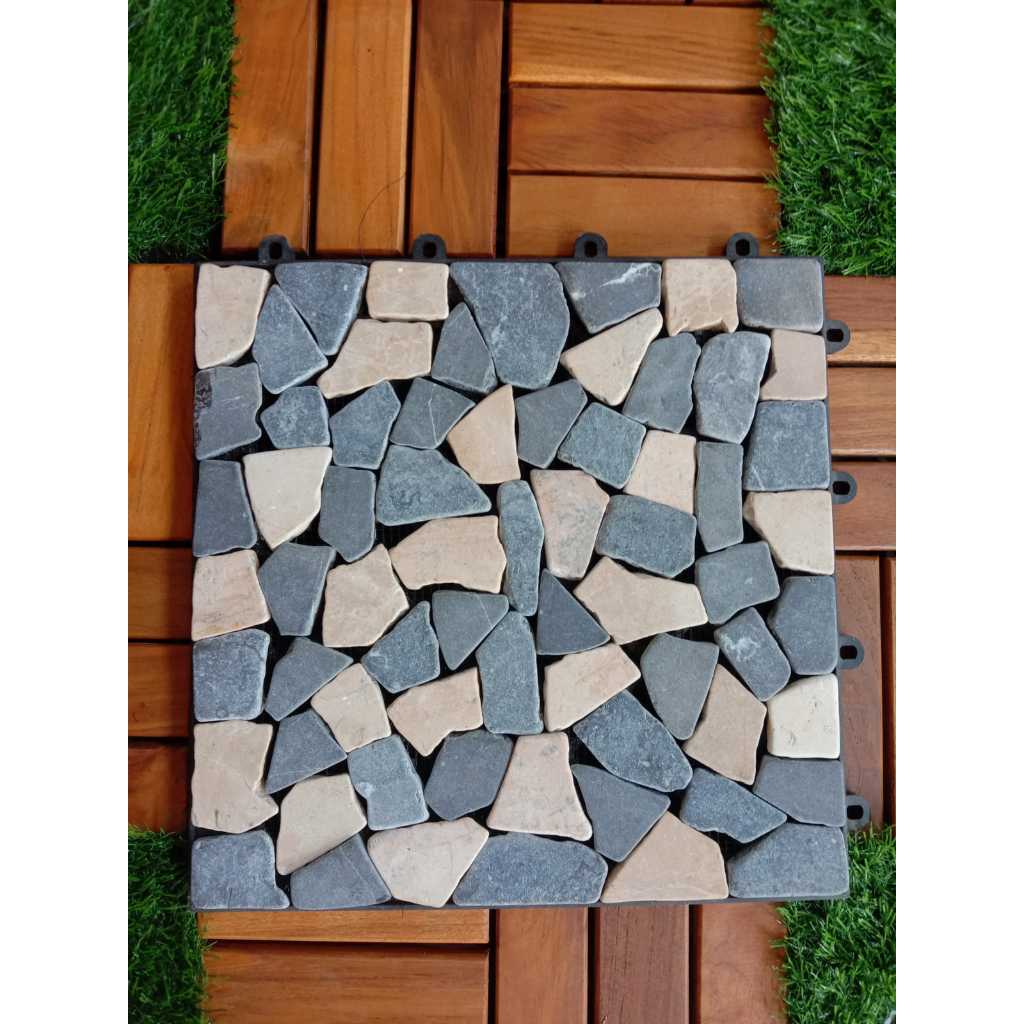 Lantai Decking Tile Batu Mozaik Putih Grey - Batu ubin Mozaik bongkar pasang - Batu mozaik Bongkar p