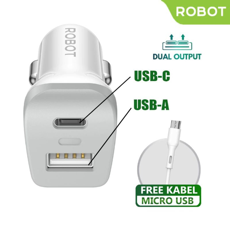 ADAPTER MOBIL ROBOT RT-C09 Car Charger Colokan Mobil - 2 Port USB & Type C