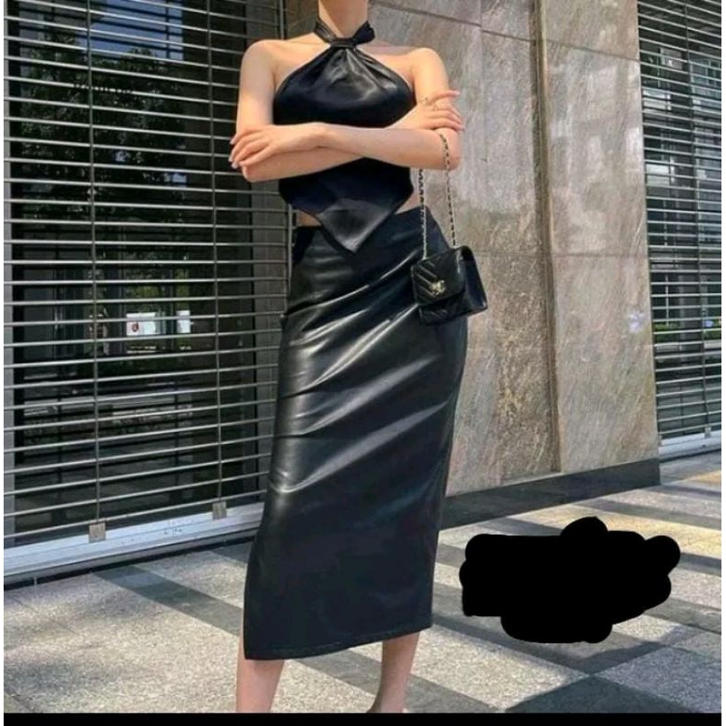 rok kulit wanita / rok kulit span panjang belah pinggir /rok kulit wanita Korean style