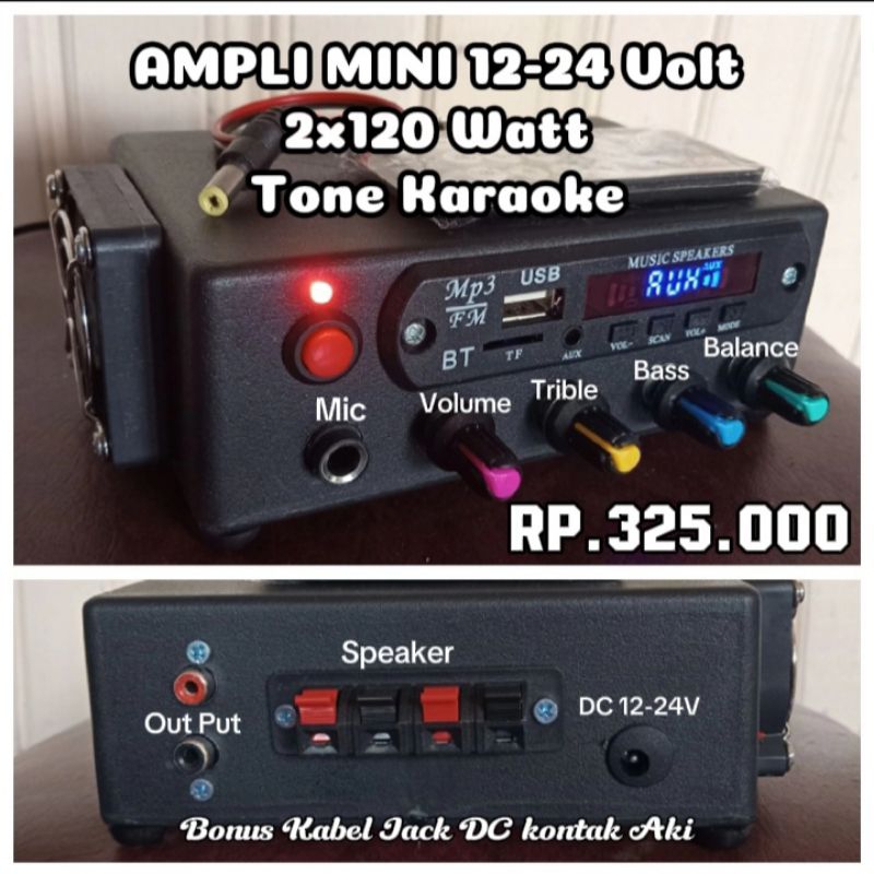 POWER AMPLIFIER / AMPLI MINI 12 - 24 VOLT ( 2X120 WATT ) MP3 BLUETOOTH BASS KARAOKE