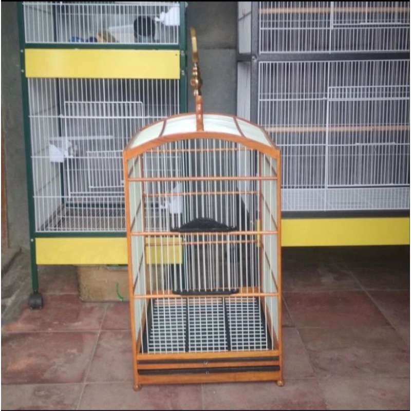 Kandang burung kotak replika Ebod no 2 kayu jati jari jari fiber P 42 cm x L 38 cm x T badan 65 cm