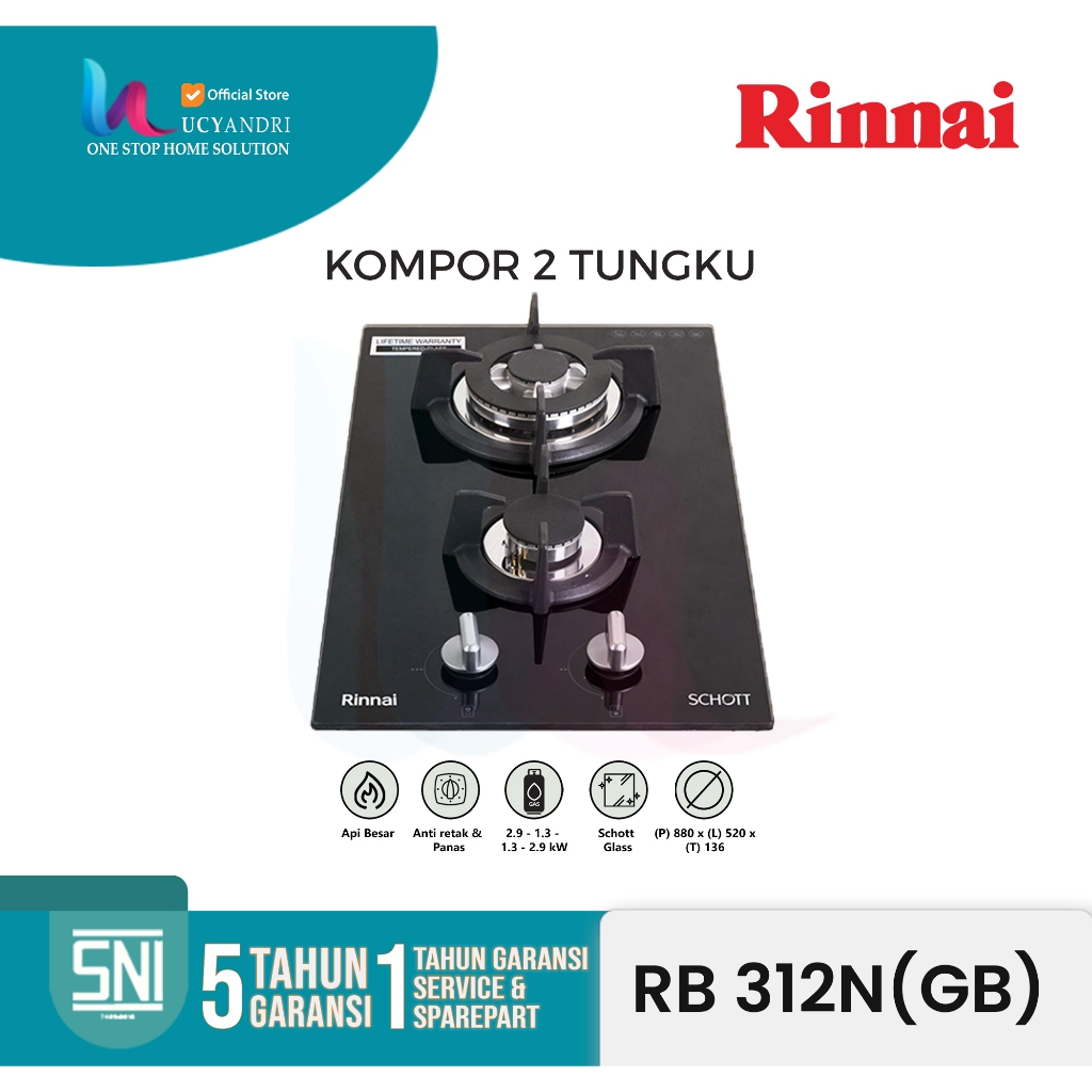 Kompor Gas Tanam Rinnai RB-312 N(GB) /Rinai RB 312NGB / 2 tungku ORI