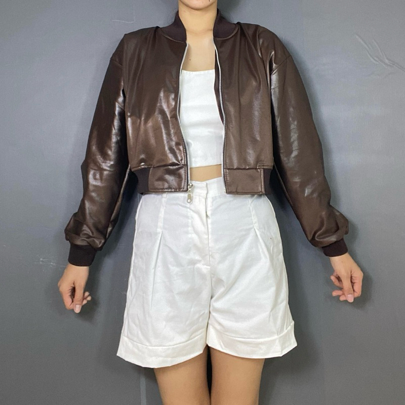 kode 3476 Bomber crop jacket coklat leather jacket glossy