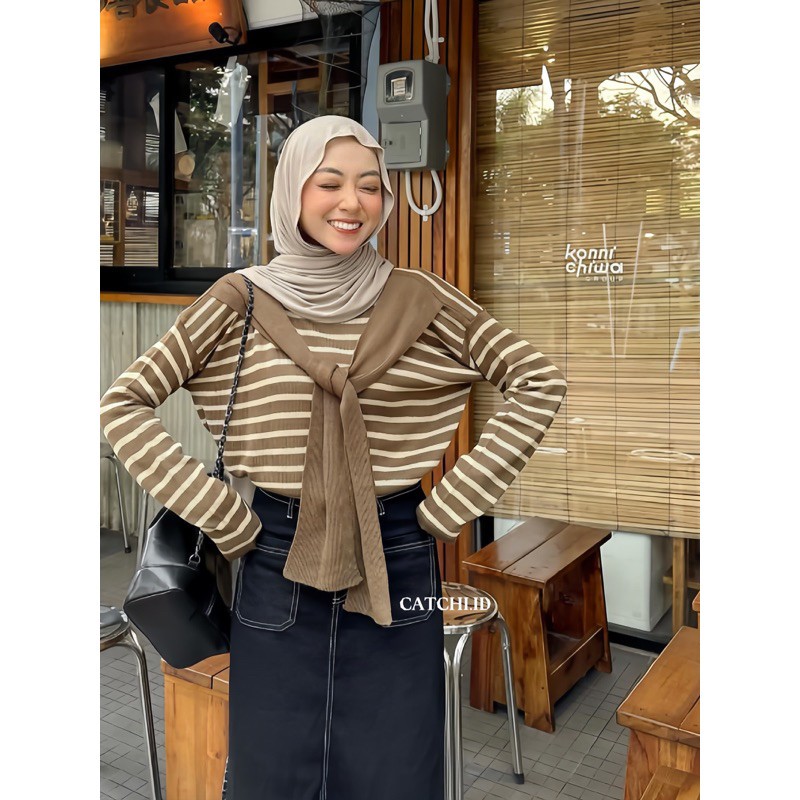 MF - MFS SWEATER RAJUT FAKE SYAL WANITA WINA / ALIKA STRIPE KNIT / SWEATER WANITA RAJUT SYAL MENYATU