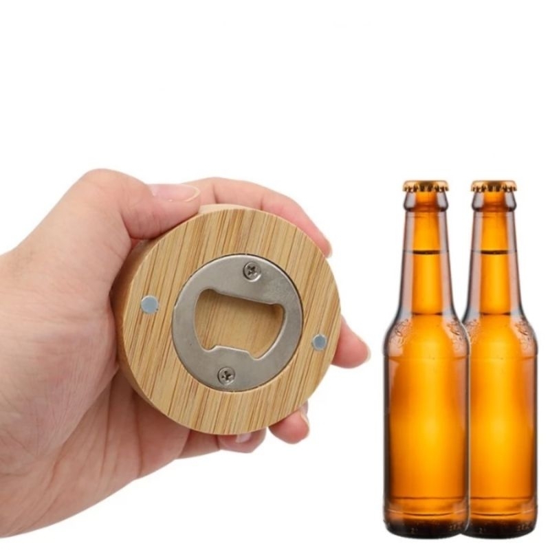 alat pembuka botol bir kulkas magnet bulat bambu magnetik