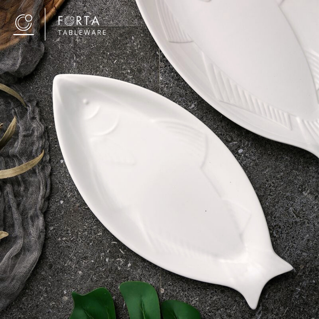 FORTA Piring Keramik Oval Model Ikan / Piring Saji Restoran 35 cm40 cm